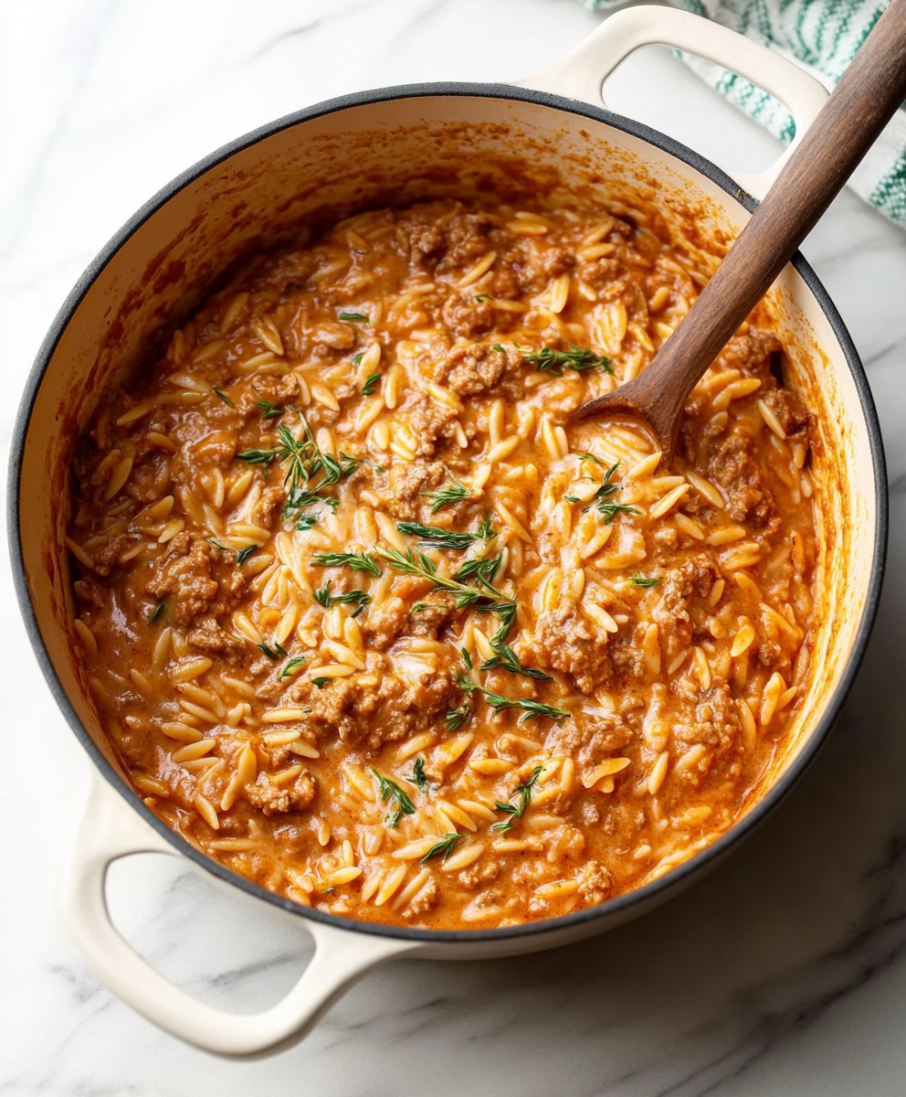 Ground Beef Orzo With Tomato Cream Sauce Recipe - yourrecipeguide.com